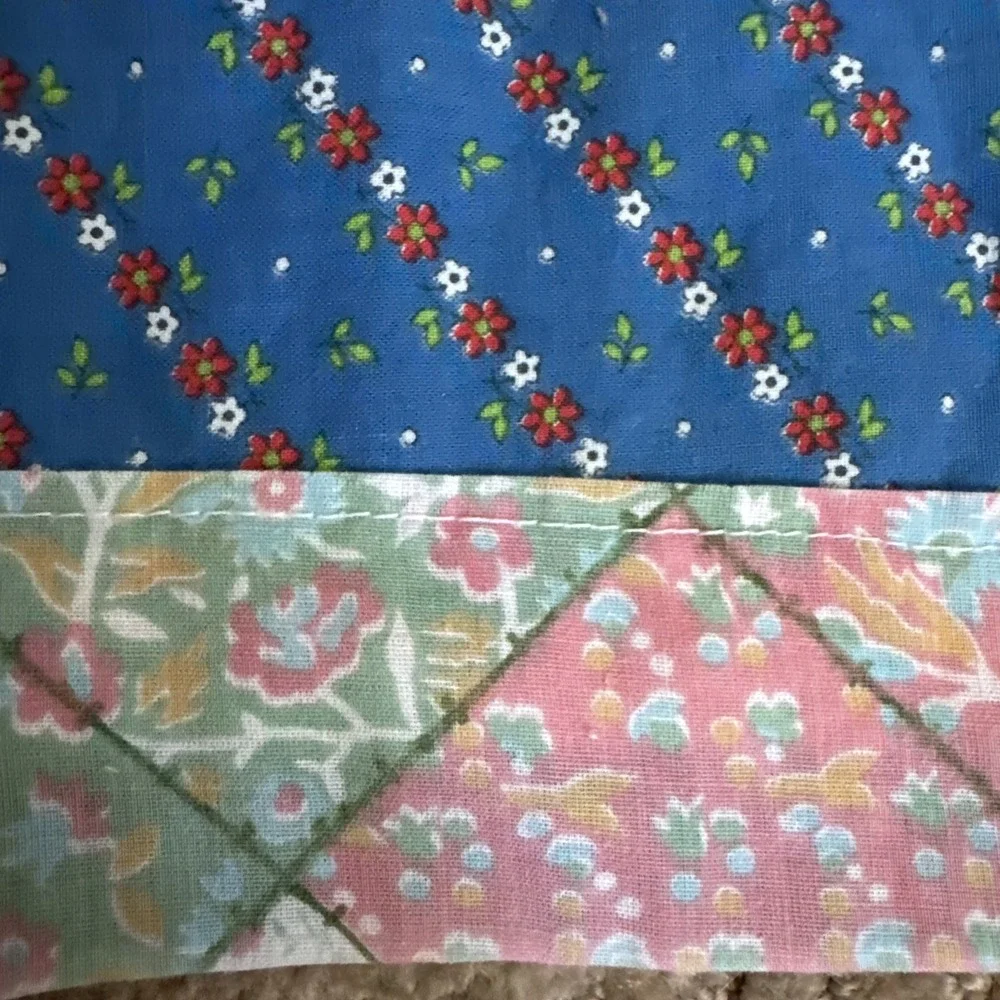 Vintage Handmade Patchwork Quilt Blue Pink Floral Calico Tied Baby Blanket 35x48